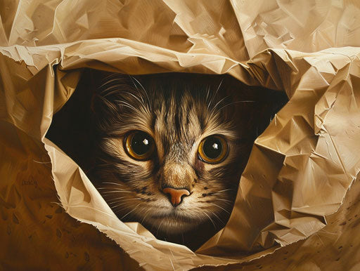 A cat peering out of brown paper wrapping