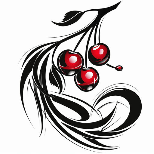 Tribal cherry tattoo with bold lines on white background