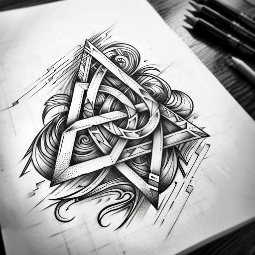 Stylized sketch of tribal tattoo of a Valknut with swirling patterns