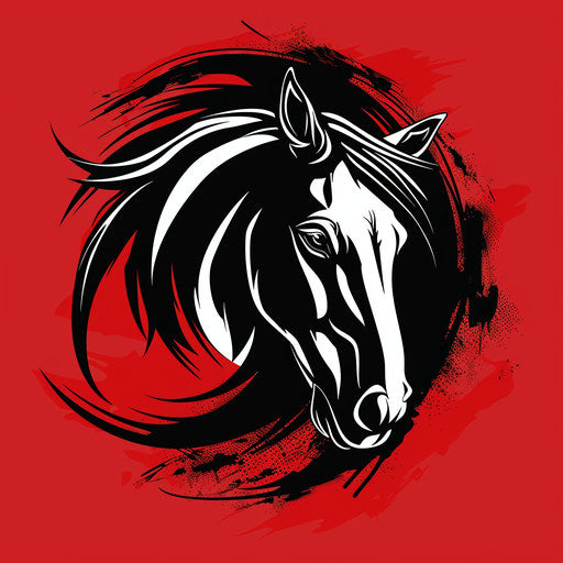 Powerful horse sports logo in black and white, on vibrant red background