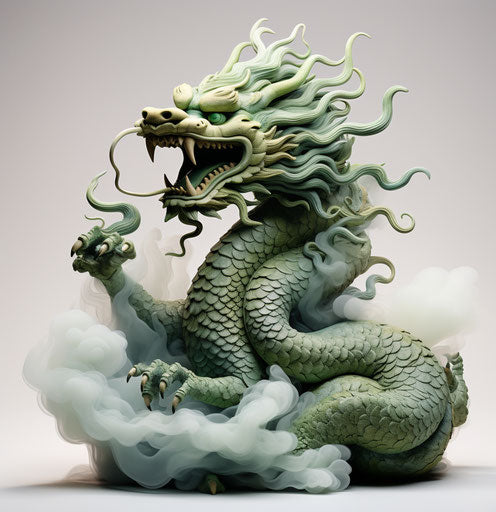 Green Japanese dragon with smoke and clouds in silhouette