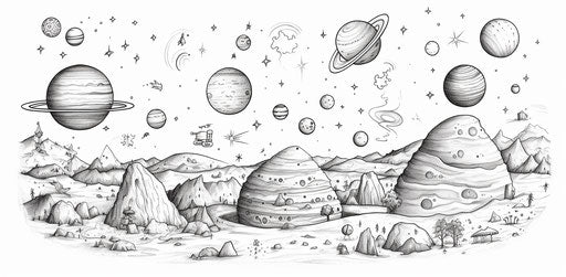 Space color pages for kids, captivating black-and-white engravings style