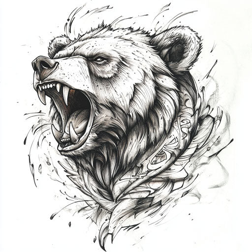Powerful bear roaring with stylized fur patterns, arm tattoo