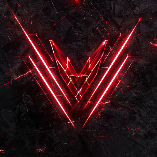 Neon logo with futuristic elements, red and white neon colors, sharp lines, on dark background