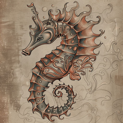 Vintage seahorse tattoo sketch with sailor tattoo feel in muted colors