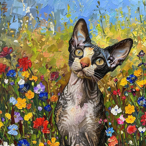 Cornish rex cat in a field of flowers