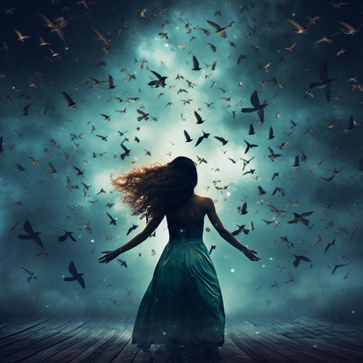 Silhouette of a girl in the sky with birds flying