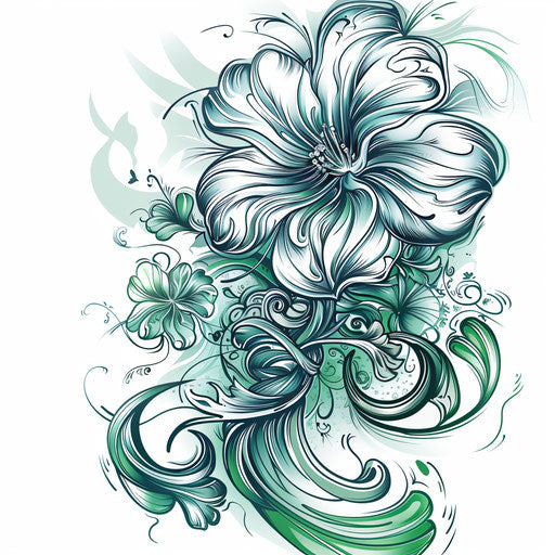 Dynamic flat tattoo sketch of a four leaf clover with swirling wind elements in cool tones