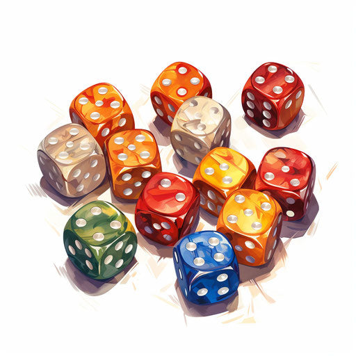 Cartoon dice in the style of oil painting, on white background