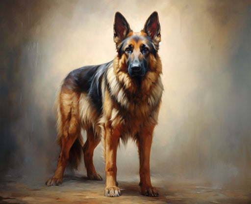 German shepherd on white background, Lee Bogle style, light yellow and dark navy, light red and dark emerald, light indigo and dark black, strong contrast