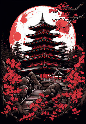 Japanese Buddhist temple with red and white leaves, tattoo, in dark silver and dark crimson style
