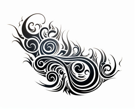Elaborate tribal tattoo in black on white background, reefwave style