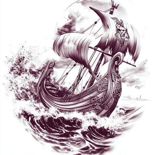 Viking sleeve tattoo with ship on stormy sea background