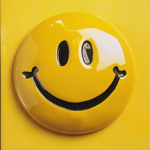 Yellow smiling face, cartoonish style, art deco, anime