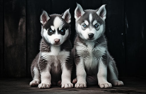 Siberian husky dog two puppies sitting on the ground next to one another