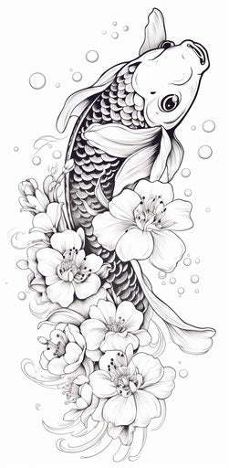 Black and white drawing of a koi fish, ornate style, cherry blossoms, clean ink, 37:76