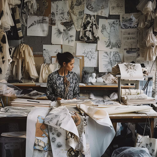 Creating fashion designer images in a studio among fabrics and sketches