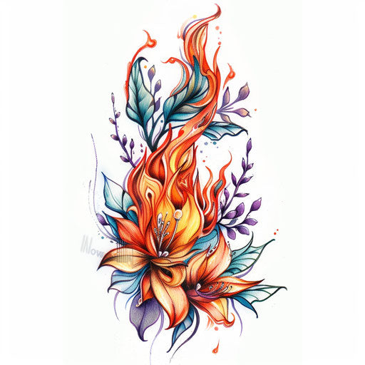Flame tattoo design with nature elements on white background