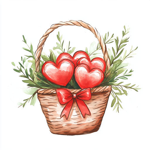 Romantic basket of hearts with greenery and ribbon, white background