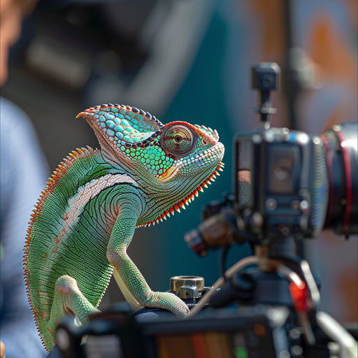 Chameleon on a Hollywood movie set, adapting to various genres and scenes being filmed