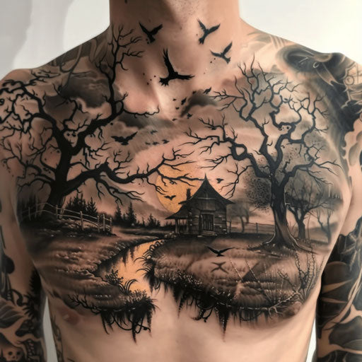 Men's chest tattoo depicting dark and surreal landscapes