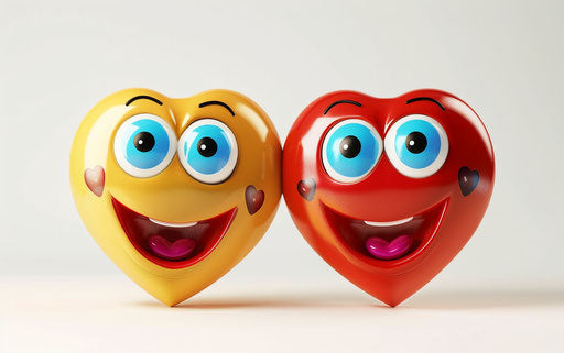 Two cute characters holding a heart icon