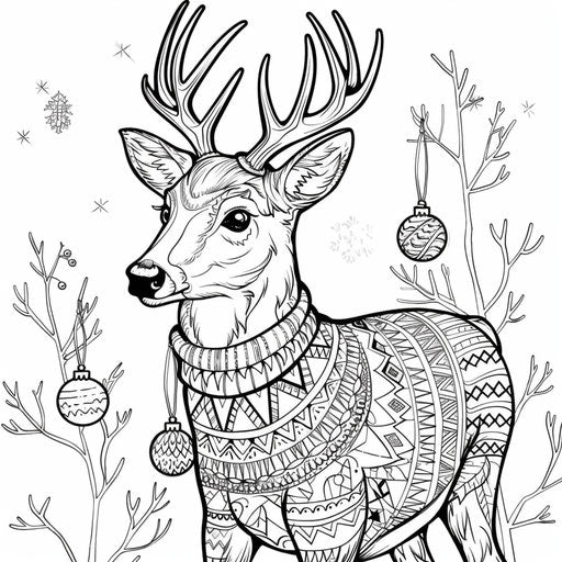 A deer in a festive holiday sweater with ornaments