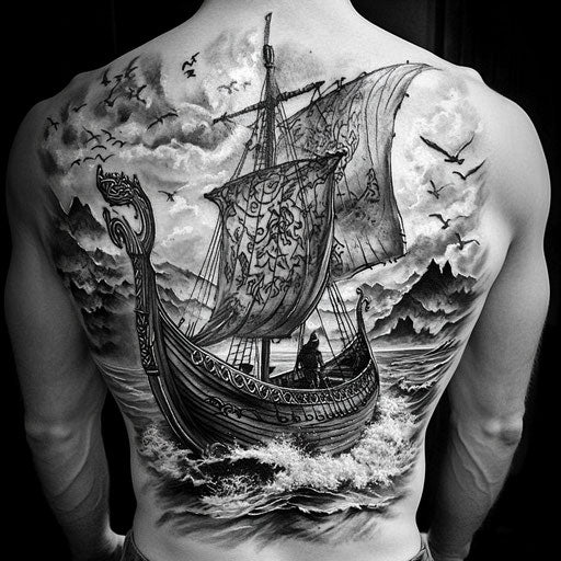 Viking tattoos for men showing a longship sailing in stormy seas