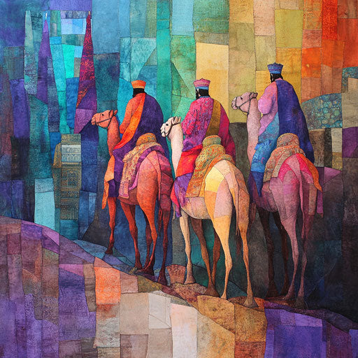Wise Men arrive on camels at the Nativity scene