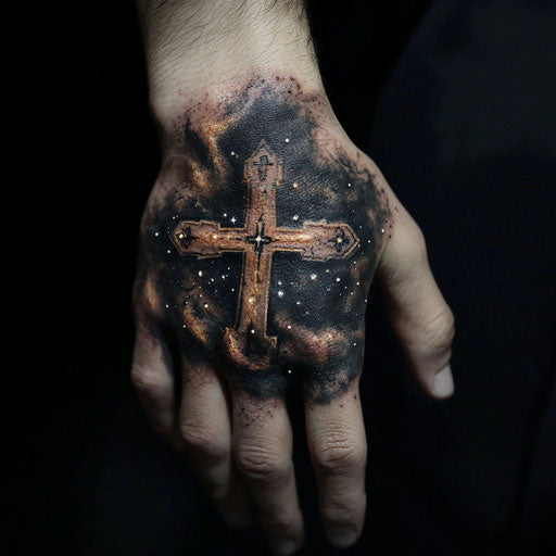 Cross tattoo on hand with celestial motifs