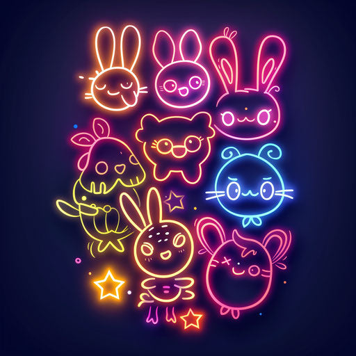 Neon logo with whimsical characters and playful neon colors, using a fun font on a dark background
