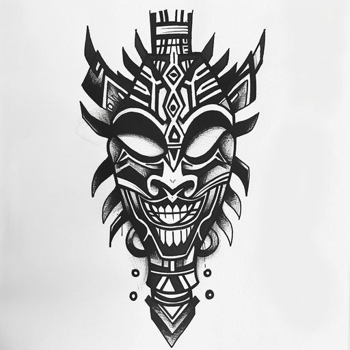 Bold flat tattoo sketch of a neo tribal face mask with dramatic features