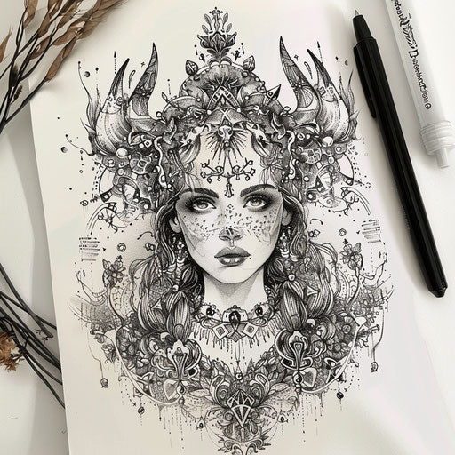 Intricate flat tattoo sketch with Freya surrounded by her magical Brisingamen necklace