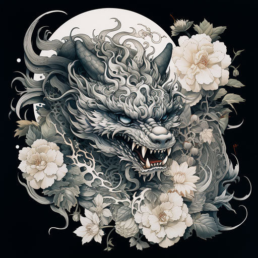 Black and white dragon with flowers in classic tattoo motif style, asian-inspired