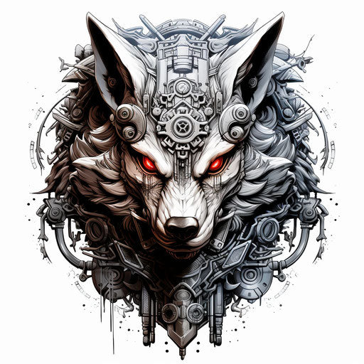 Samurai wolf head with shield, black and white line work style