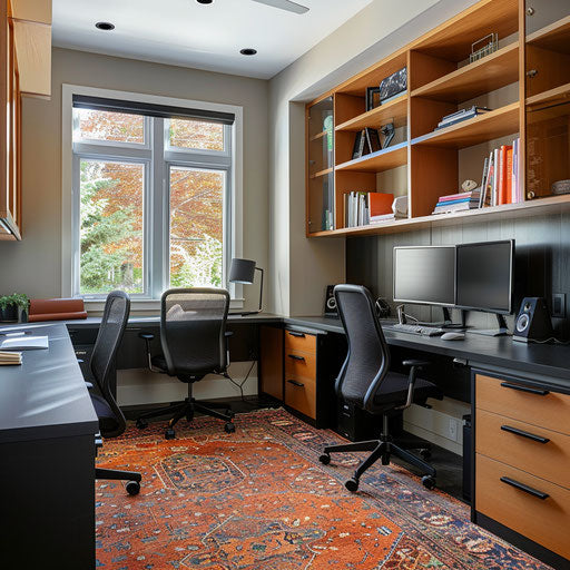 Shared home office space for couples with side-by-side desks and collaborative tools