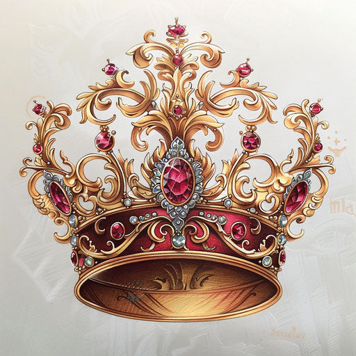 Elegant sparkling tattoo sketch depicting an ornate crown with glittering jewels in rich gold and ruby tones