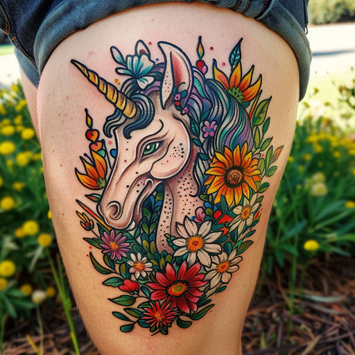 Wildflower tattoo with unicorn, bright colors, mythical theme, detailed design
