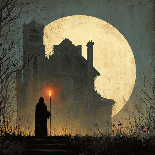 Chilling Halloween scene with a spectral figure and mansion