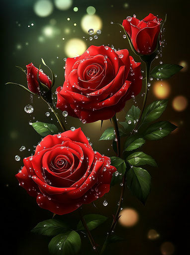 Three red roses with leaves, drops of water, and diamonds on the background. 29:39