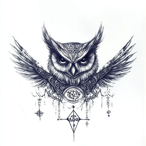 Owl chest tattoo with mystical runes and symbols