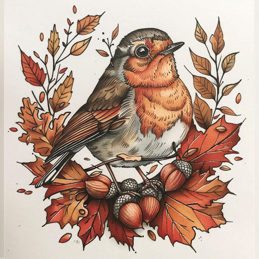 Nature-inspired flat tattoo sketch of a robin amidst autumn leaves and acorns
