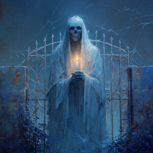 Ghostly figure before a rusty broken gate