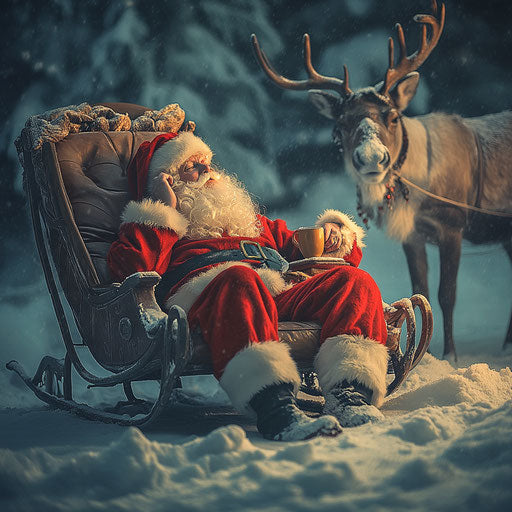 Comforting break of Santa with his reindeer after a long night