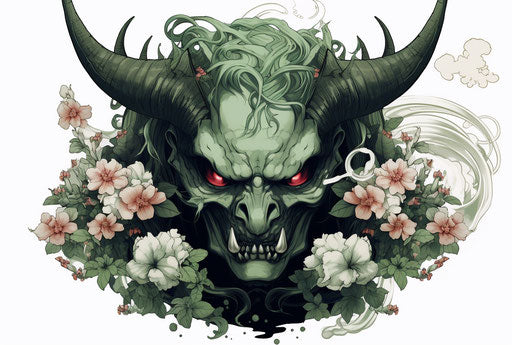 Green Japanese demons with flowers, Benin art style masks