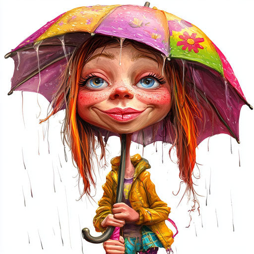Humorous caricature of a rainy day with human characteristics