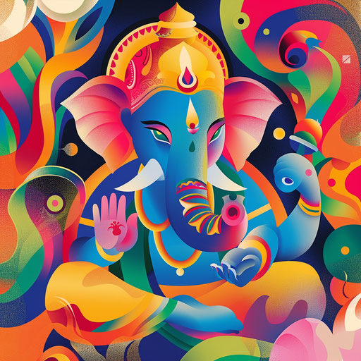 Vibrant ganpati clipart set on colorful abstract background, embodying joy and spirituality