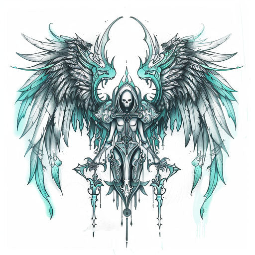 Harmonious sketch of death angel with symmetrical design, in teal and grey