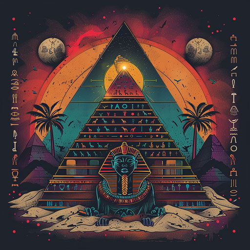 Egyptian pyramid surrounded by hieroglyphs in a flat design