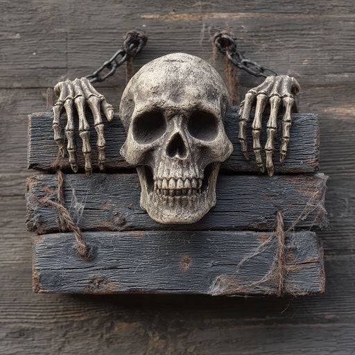 Rustic sign with a menacing skull and bony hands